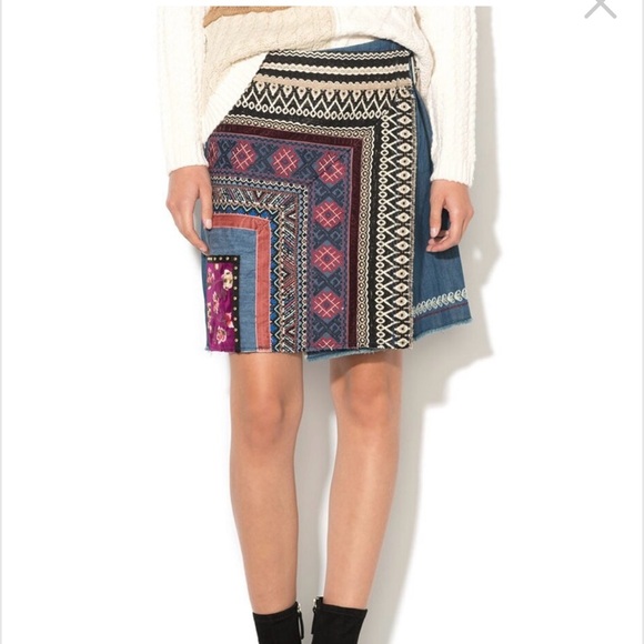 Desigual Wrap Skirt Patchwork Denim Size 0 Boho embroidered‎ cross stitch - Picture 1 of 7